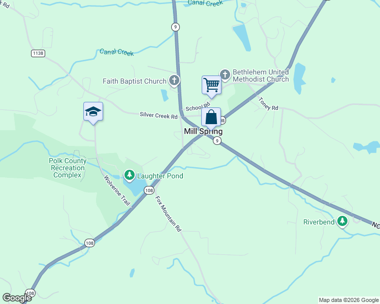 map of restaurants, bars, coffee shops, grocery stores, and more near 4320 North Carolina 108 in Mill Spring