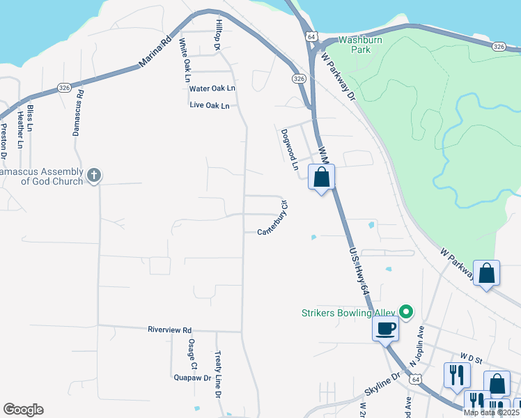 map of restaurants, bars, coffee shops, grocery stores, and more near 107 Arthur Lane in Russellville