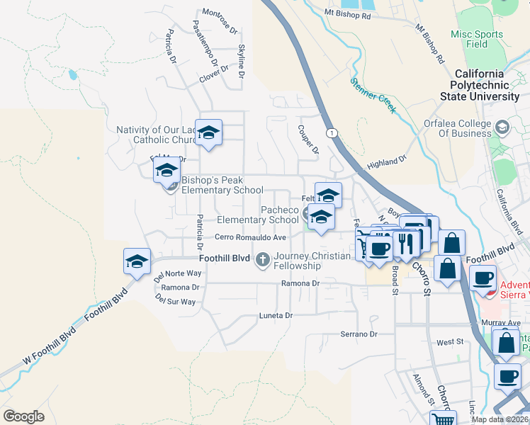 map of restaurants, bars, coffee shops, grocery stores, and more near 305 Santa Lucia Drive in San Luis Obispo