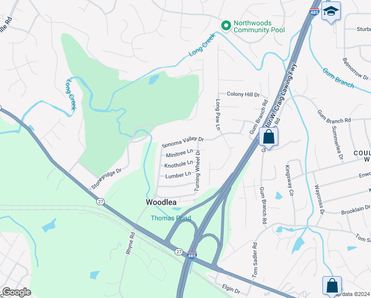 map of restaurants, bars, coffee shops, grocery stores, and more near 222 Minitree Lane in Charlotte