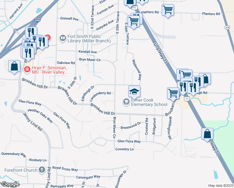 map of restaurants, bars, coffee shops, grocery stores, and more near 9211 Bryn Mawr Circle in Fort Smith