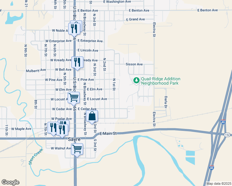 map of restaurants, bars, coffee shops, grocery stores, and more near 506 North 1st Street in Sayre