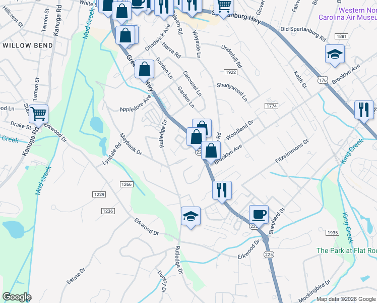 map of restaurants, bars, coffee shops, grocery stores, and more near 65 Jolly Lane in Hendersonville