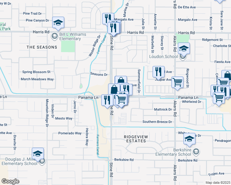 map of restaurants, bars, coffee shops, grocery stores, and more near 6601 Stine Road in Bakersfield