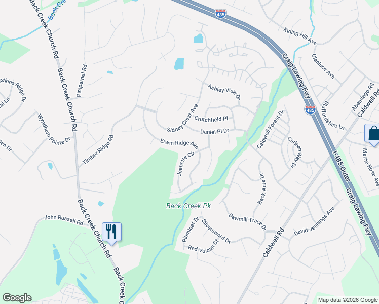 map of restaurants, bars, coffee shops, grocery stores, and more near 11527 Erwin Ridge Avenue in Charlotte