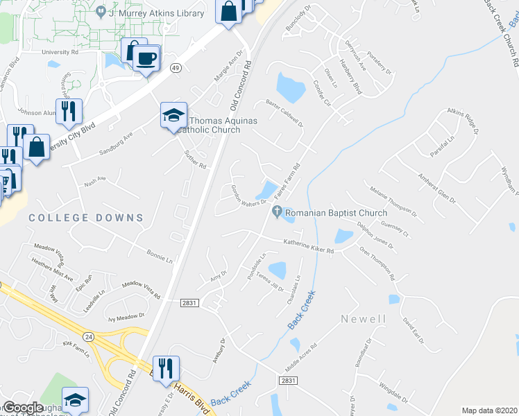 map of restaurants, bars, coffee shops, grocery stores, and more near 1720 Gordon Walters Drive in Charlotte