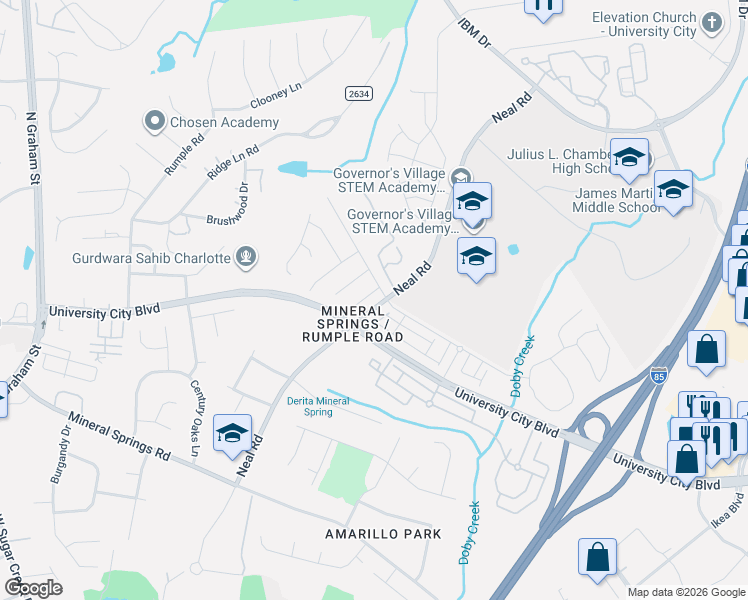 map of restaurants, bars, coffee shops, grocery stores, and more near 7523 Double Springs Court in Charlotte