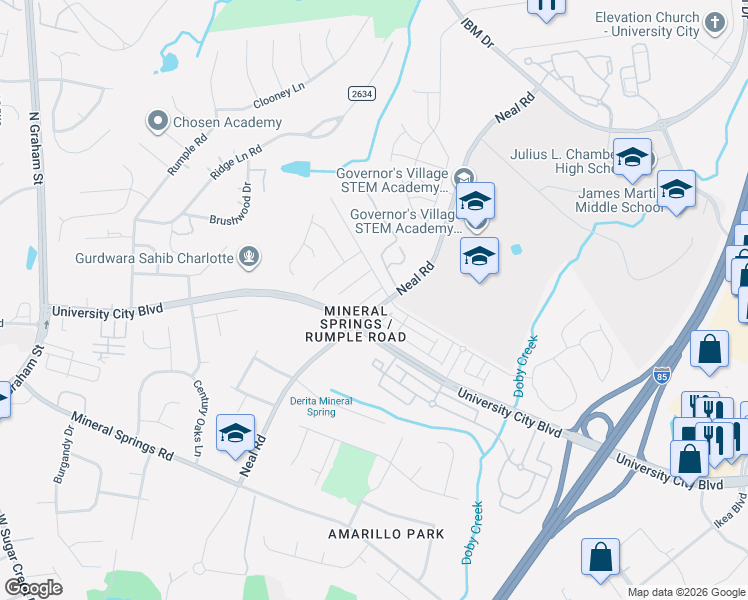 map of restaurants, bars, coffee shops, grocery stores, and more near 7523 Double Springs Court in Charlotte
