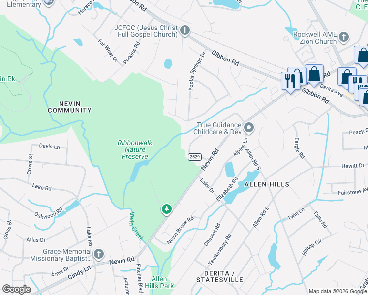 map of restaurants, bars, coffee shops, grocery stores, and more near 5001 Hoover Drive in Charlotte