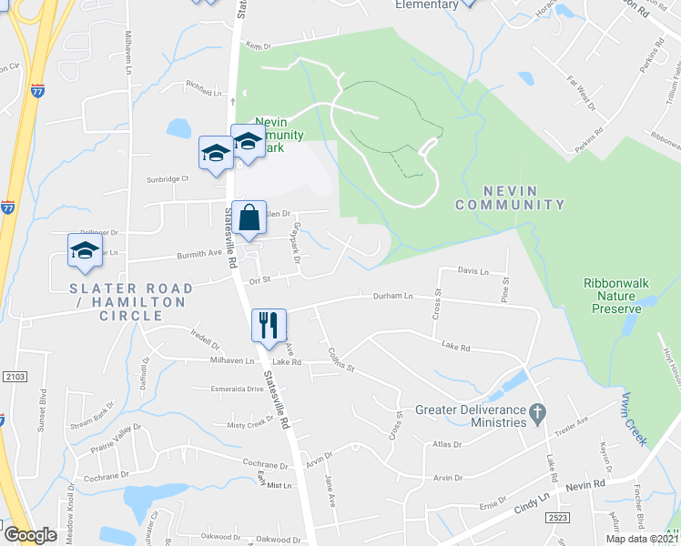 map of restaurants, bars, coffee shops, grocery stores, and more near 5427 Graypark Drive in Charlotte