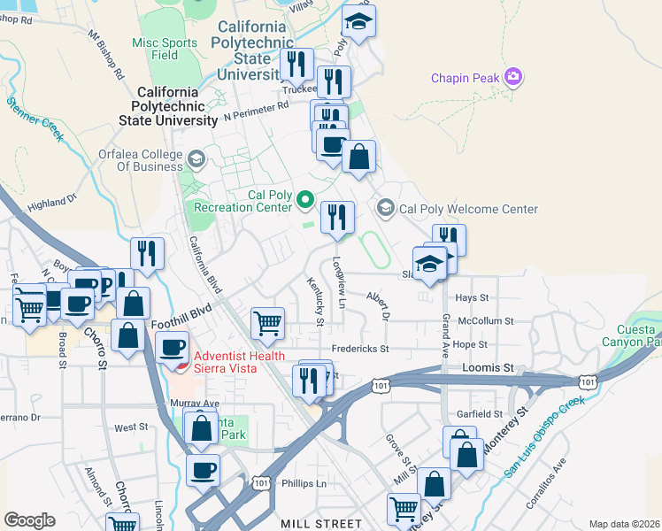 map of restaurants, bars, coffee shops, grocery stores, and more near 125 Longview Lane in San Luis Obispo