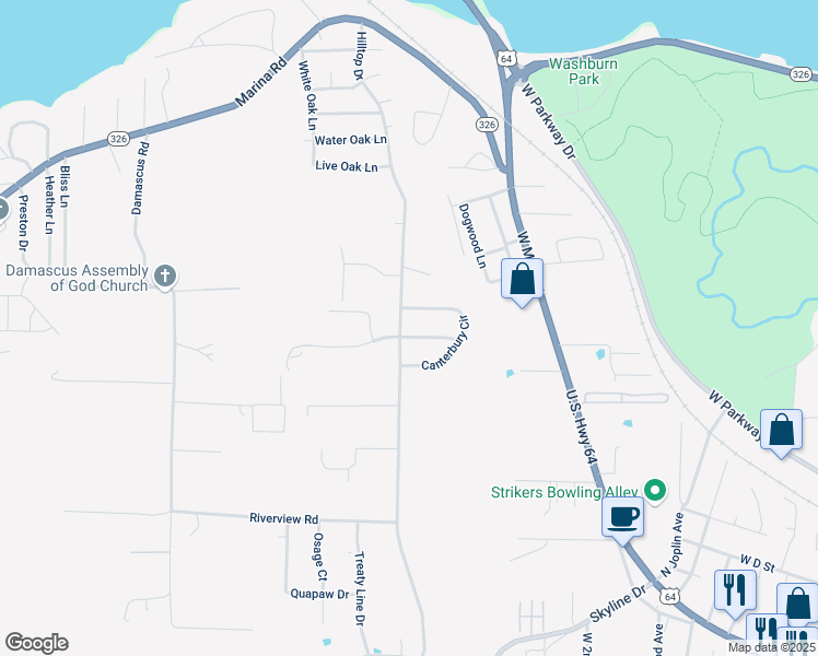 map of restaurants, bars, coffee shops, grocery stores, and more near 107 Arthur Lane in Russellville