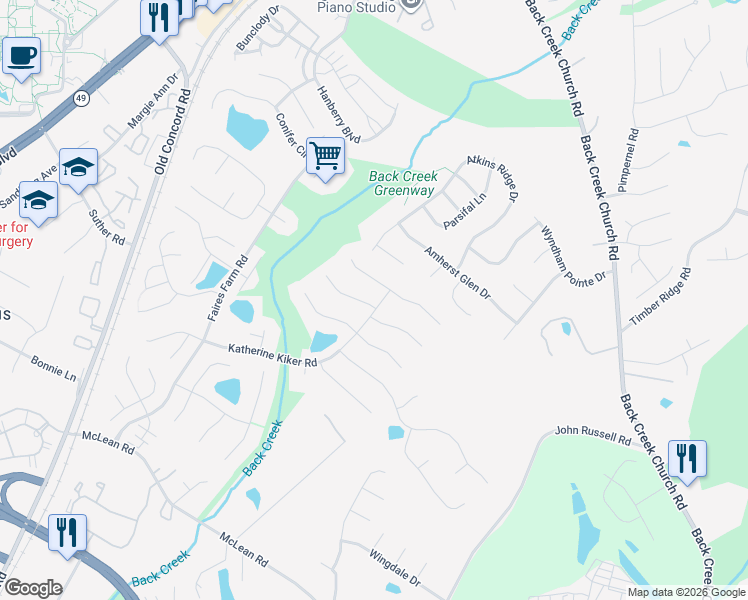 map of restaurants, bars, coffee shops, grocery stores, and more near 2411 Katherine Kiker Road in Charlotte