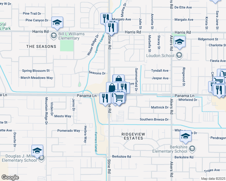 map of restaurants, bars, coffee shops, grocery stores, and more near 4814 Panama Lane in Bakersfield