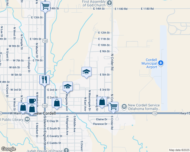 map of restaurants, bars, coffee shops, grocery stores, and more near 1006 East 5th Street in New Cordell