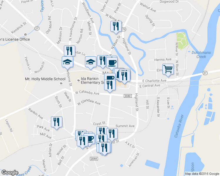 map of restaurants, bars, coffee shops, grocery stores, and more near 128 S Main St in Mt Holly