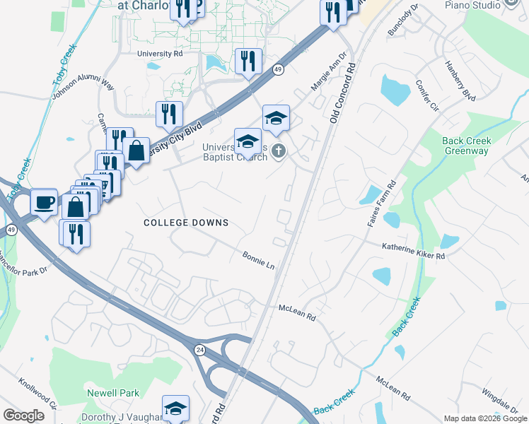 map of restaurants, bars, coffee shops, grocery stores, and more near 9506 Robert Burns Court in Charlotte