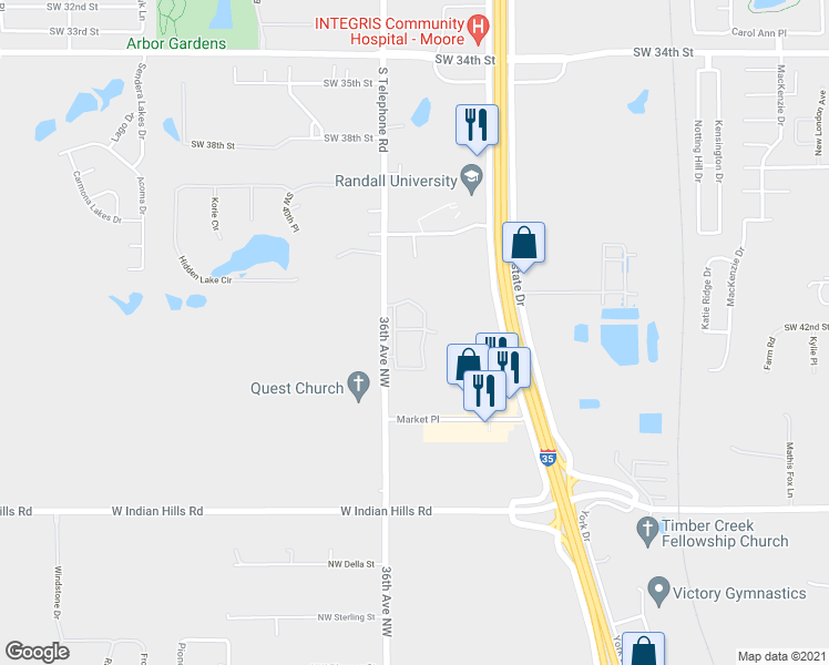 map of restaurants, bars, coffee shops, grocery stores, and more near 6475 36th Avenue Northwest in Norman