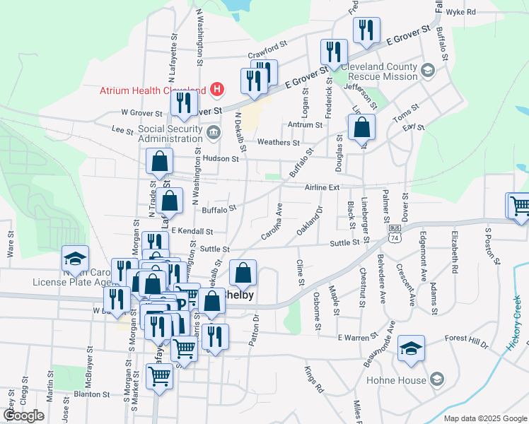 map of restaurants, bars, coffee shops, grocery stores, and more near 505 Wardell Street in Shelby