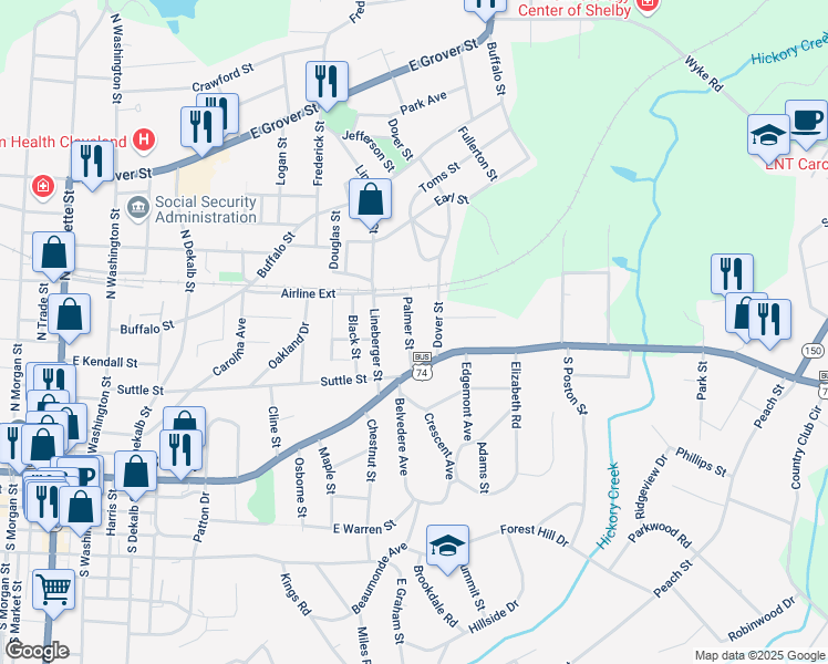 map of restaurants, bars, coffee shops, grocery stores, and more near 116 Palmer Street in Shelby