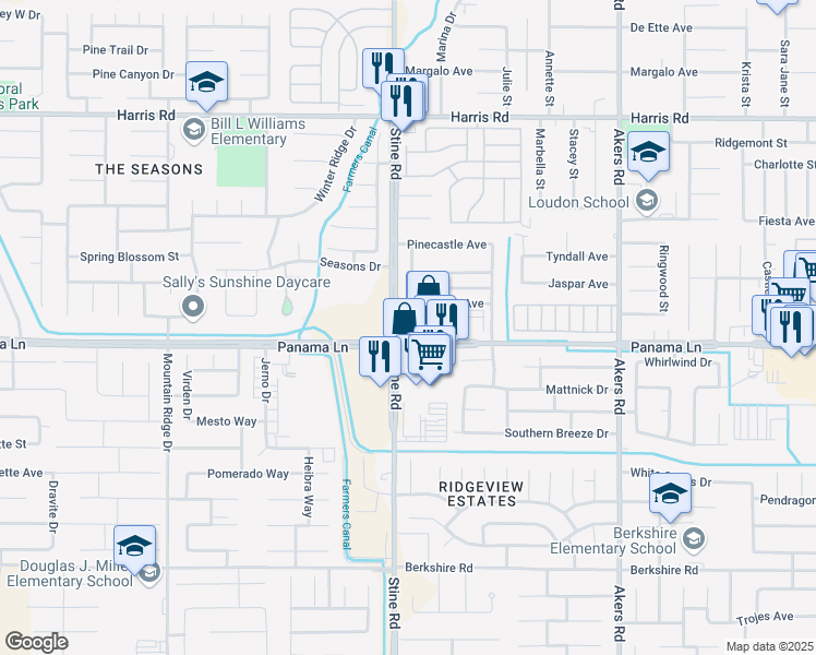 map of restaurants, bars, coffee shops, grocery stores, and more near 4814 Panama Lane in Bakersfield