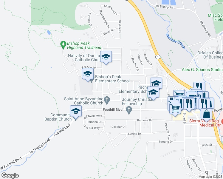 map of restaurants, bars, coffee shops, grocery stores, and more near 313 Christina Way in San Luis Obispo