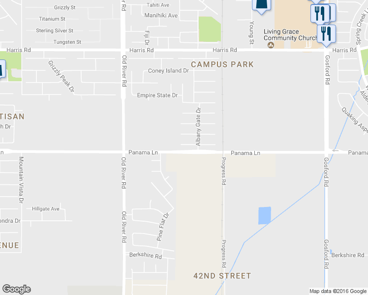 map of restaurants, bars, coffee shops, grocery stores, and more near 9205 Rockefeller Street in Bakersfield