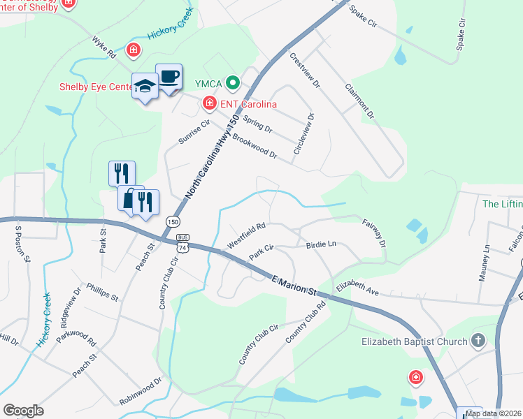 map of restaurants, bars, coffee shops, grocery stores, and more near 205 Vauxhall Drive in Shelby