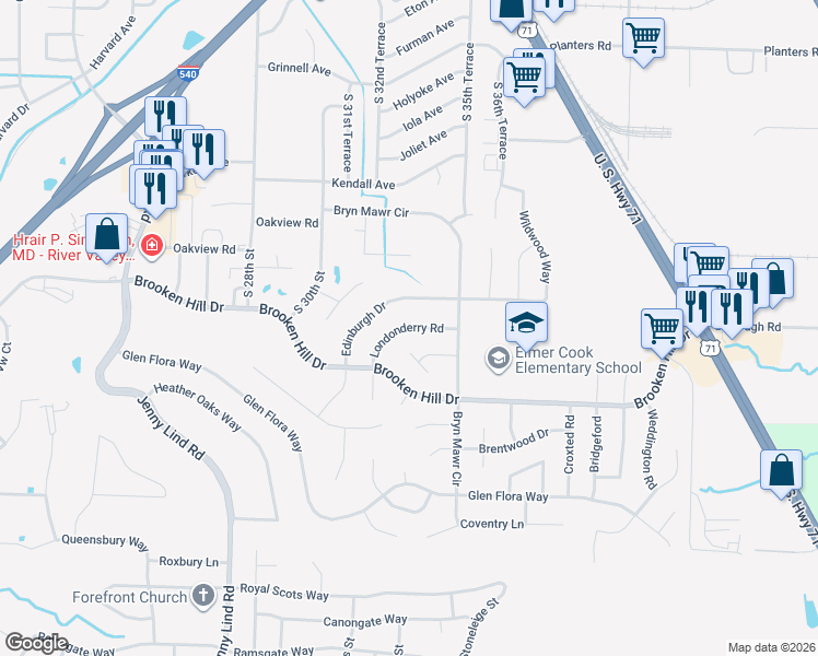 map of restaurants, bars, coffee shops, grocery stores, and more near 3301 Londonderry Road in Fort Smith