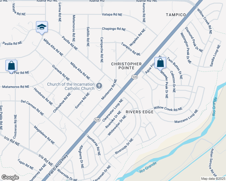 map of restaurants, bars, coffee shops, grocery stores, and more near 2316 Monterrey Road Northeast in Rio Rancho