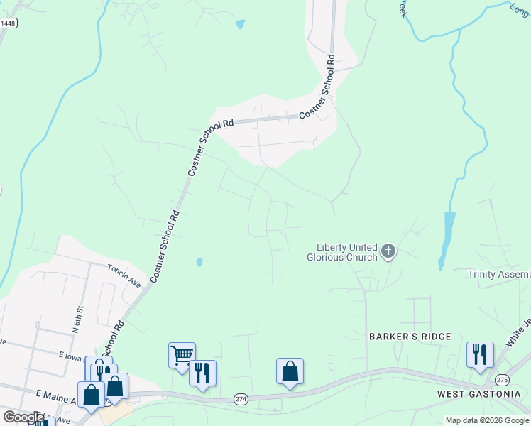 map of restaurants, bars, coffee shops, grocery stores, and more near 143 Bobbie Lane in Bessemer City