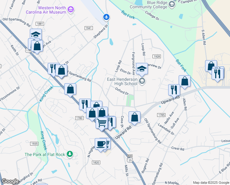 map of restaurants, bars, coffee shops, grocery stores, and more near 1915 Oxford Drive in Hendersonville