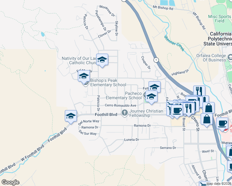map of restaurants, bars, coffee shops, grocery stores, and more near 326 Jeffrey Drive in San Luis Obispo