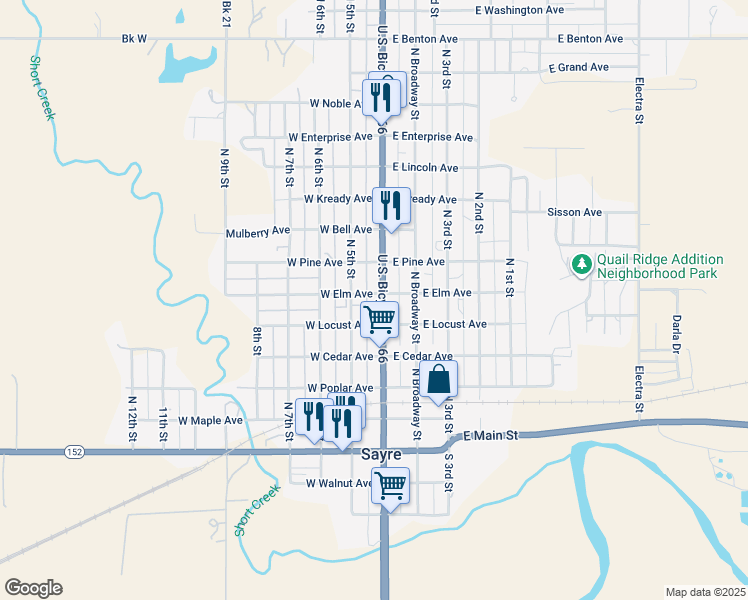 map of restaurants, bars, coffee shops, grocery stores, and more near 102 West Elm Avenue in Sayre