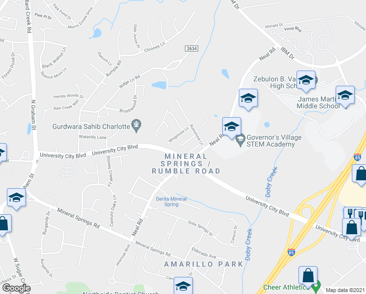 map of restaurants, bars, coffee shops, grocery stores, and more near 7414 Stone Mountain Court in Charlotte