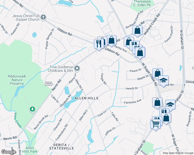map of restaurants, bars, coffee shops, grocery stores, and more near 3122 Periwinkle Court in Charlotte