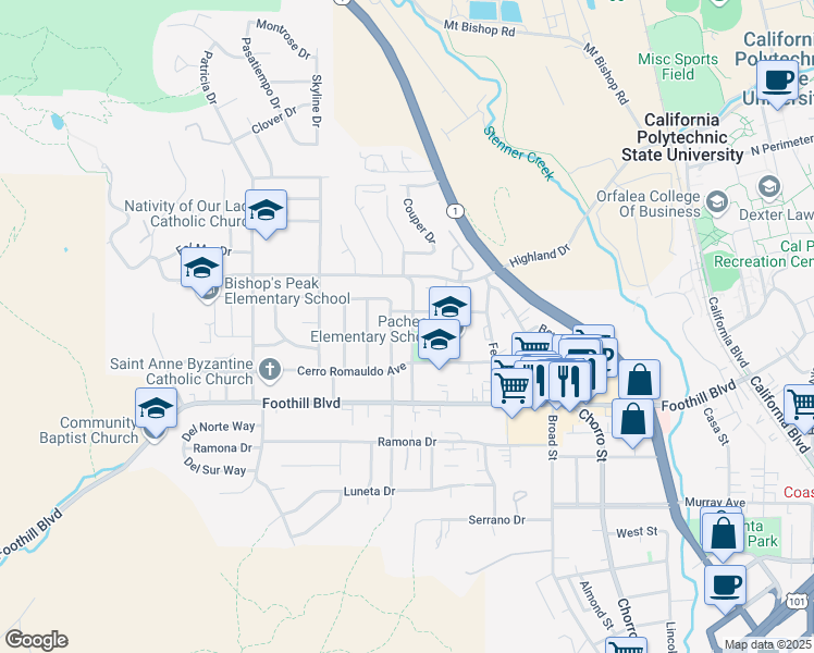 map of restaurants, bars, coffee shops, grocery stores, and more near 324 Cuesta Drive in San Luis Obispo