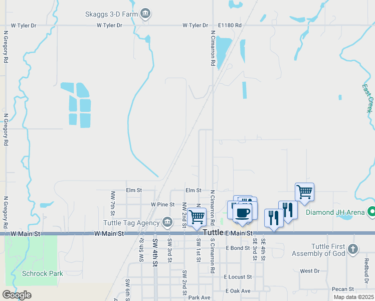 map of restaurants, bars, coffee shops, grocery stores, and more near 405 NW 1st St in Tuttle