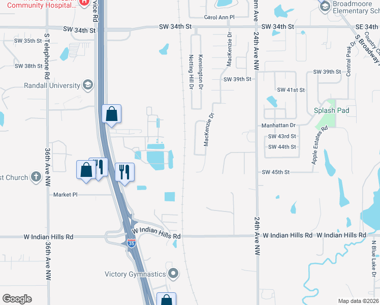 map of restaurants, bars, coffee shops, grocery stores, and more near 4513 Katie Ridge Drive in Moore