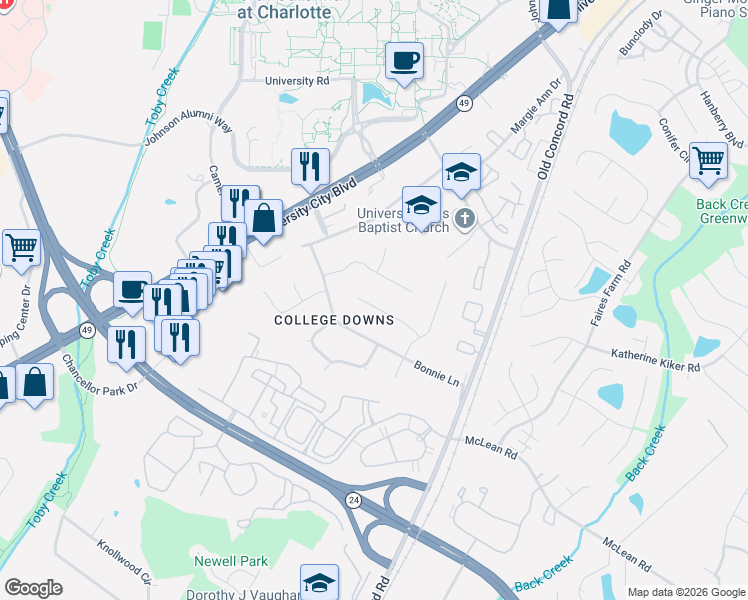 map of restaurants, bars, coffee shops, grocery stores, and more near 1617 Van Dyke Drive in Charlotte