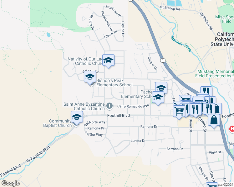map of restaurants, bars, coffee shops, grocery stores, and more near 313 Christina Way in San Luis Obispo