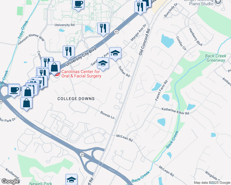 map of restaurants, bars, coffee shops, grocery stores, and more near 9445 Lexington Circle in Charlotte