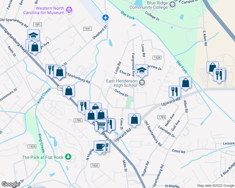 map of restaurants, bars, coffee shops, grocery stores, and more near 1915 Oxford Drive in Hendersonville