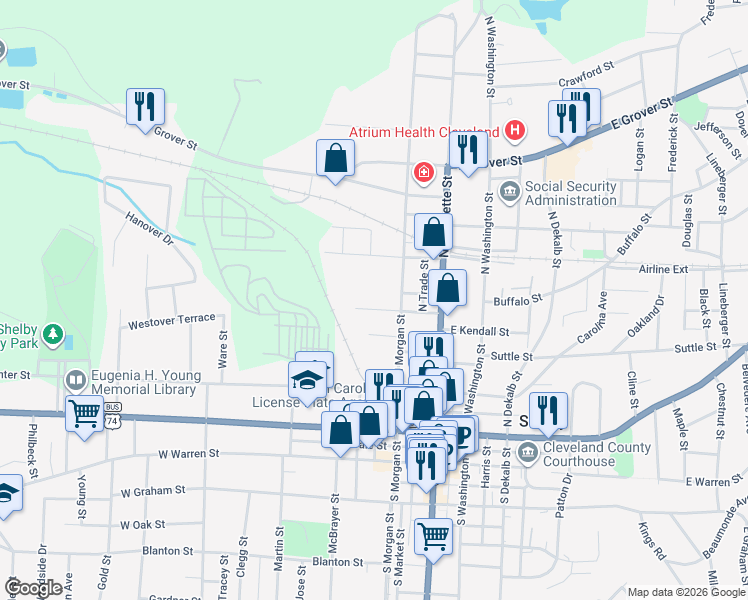 map of restaurants, bars, coffee shops, grocery stores, and more near 401 North Morgan Street in Shelby