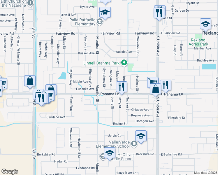 map of restaurants, bars, coffee shops, grocery stores, and more near 6417 Sangara Street in Bakersfield