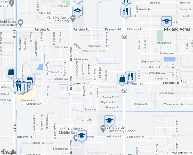 map of restaurants, bars, coffee shops, grocery stores, and more near 6416 Brahma Street in Bakersfield