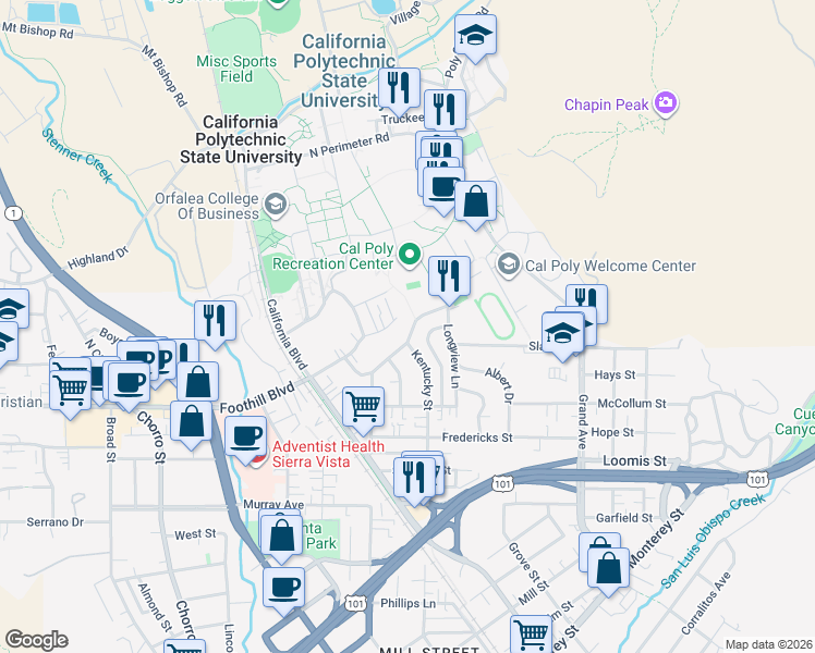map of restaurants, bars, coffee shops, grocery stores, and more near 31 Hathway Avenue in San Luis Obispo