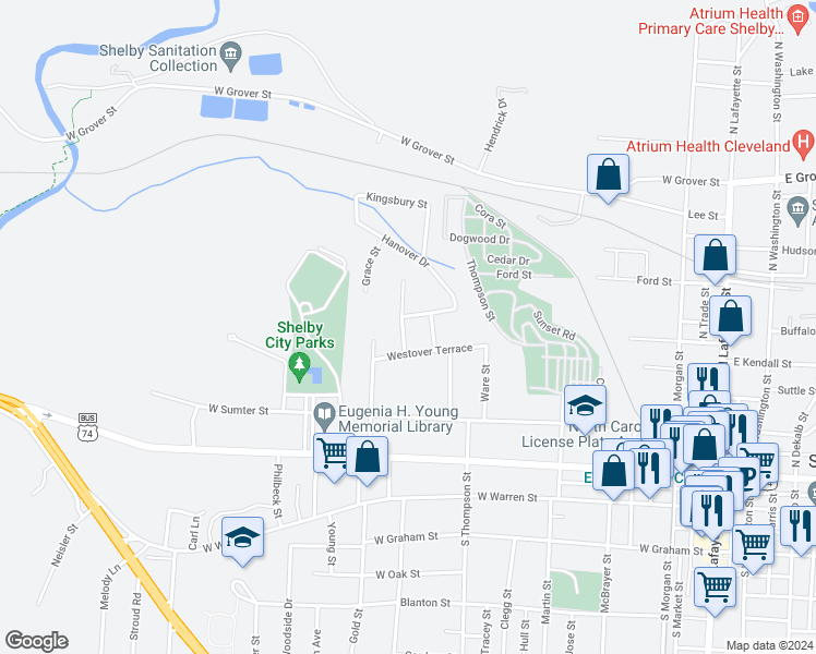 map of restaurants, bars, coffee shops, grocery stores, and more near 705 Norwood Street in Shelby