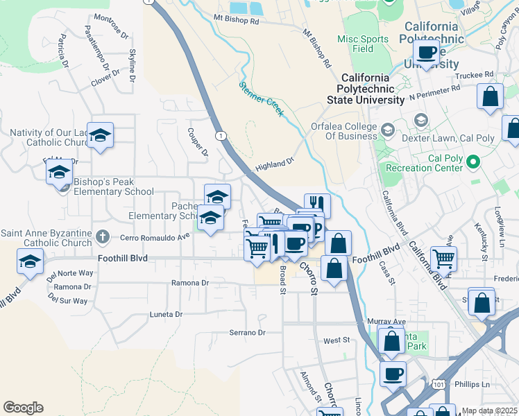map of restaurants, bars, coffee shops, grocery stores, and more near 415 North Chorro Street in San Luis Obispo