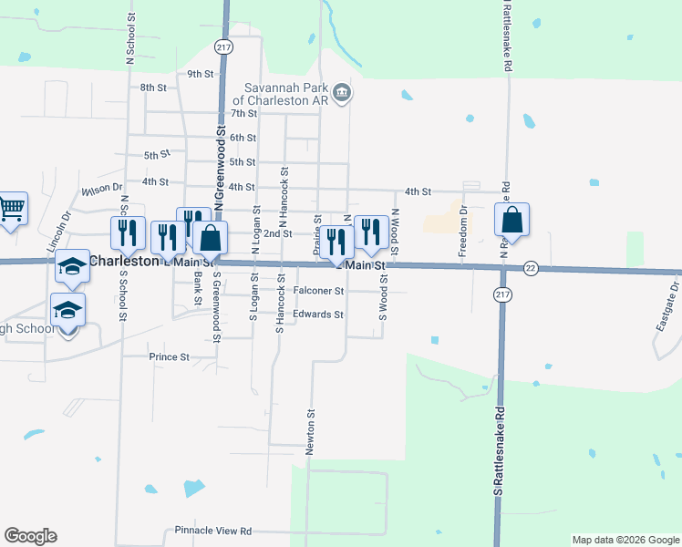map of restaurants, bars, coffee shops, grocery stores, and more near 9 South Vine Street in Charleston